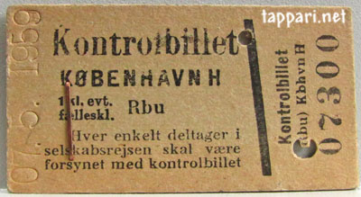 Ruskea pahvilippu, jossa lukee mm.: Kontrolbillet Kobenhavnh, Rbu, 07300