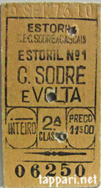 Ruskea pahvilippu, jossa lukee mm. Estoril C. Sodre Evolta, Interio, 2A Class.