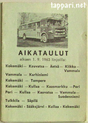 Valokuva vihertävästä vihosta, jossa valokuva bussista ja sen alla tekstinä mm.: Aikataulut alkaen 1.9.1963 linjoilla: Kokemäki - Kauvatsa - Äetsä - Kiikka - Vammala.