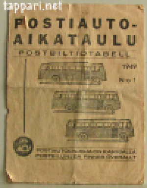 Valokuva kellertyneestä paperivihkosta, jonka kannessa kuvia busseista, ja tekstinä mm.: Postiauto-aikataulu, Postbiltidabell. 1949. N:o 1.